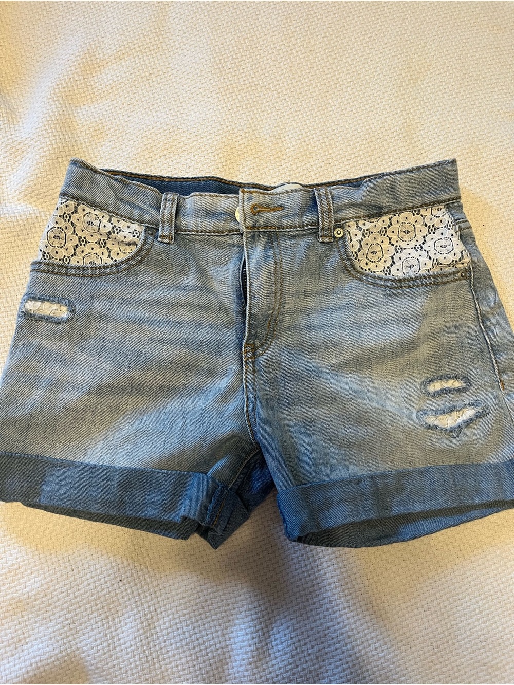 Signature by Levi Strauss Light Blue Denim Shorts with White Lace Trim